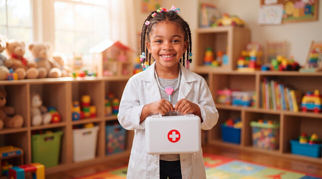 Smiling young girl wearing a white doctor coat and holding a medical kit in a colorful playroom