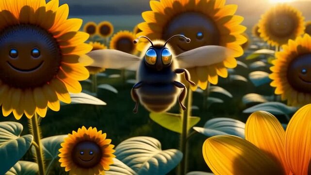 Animated cheerful cartoon bees flying among smiling cartoon sunflowers in bright field