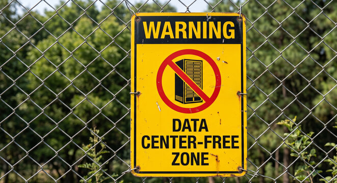 A yellow-and-black industrial hazard sign mounted on a chain-link fence. It features a struck-out server rack pictogram and reads "WARNING: DATA CENTER-FREE ZONE" amidst trees.