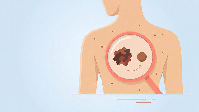 Skin cancer screening concept, magnifying lens comparing an irregular mole with a normal mole on the back, flat vector illustration with copy space