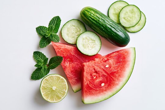Fresh watermelon slices with cucumber, mint leaves, and lime on a clean white kitchen counter