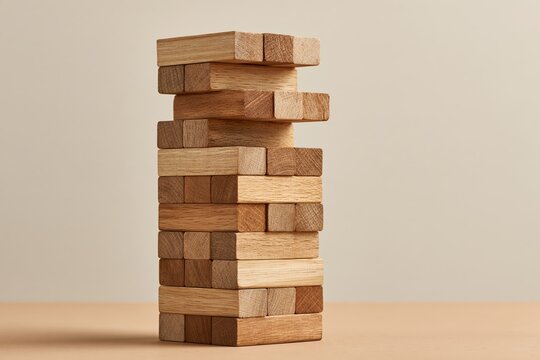 A precarious tower of wooden stacking blocks representing fragile business growth and stability
