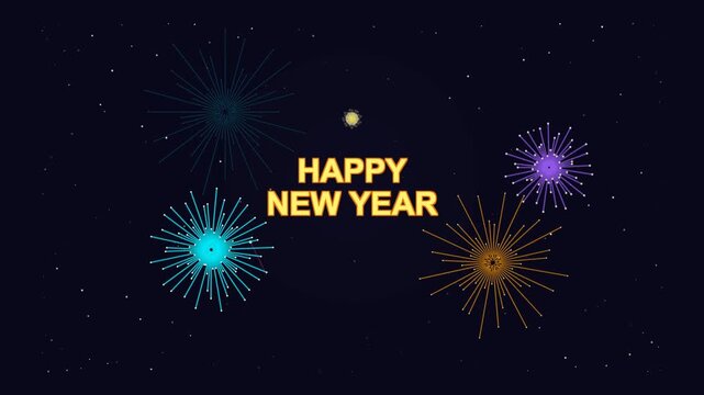 Happy new year greeting card illustration with colorful firework bursts in the night sky