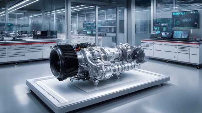 Advanced hybrid racing power unit displayed inside a clean high-tech laboratory environment