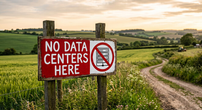A wooden roadside sign standing at the edge of a green farmland field. The red rectangular board features bold white text reading "NO DATA CENTERS HERE" alongside a slashed server rack icon.