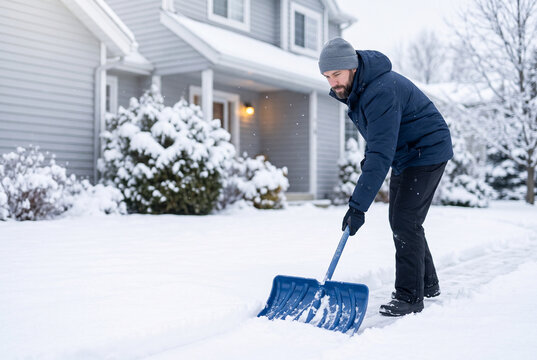 Man shoveling snow in front of a suburban home during winter  