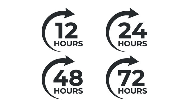 Set of black hour service icons showing twelve, twenty four, forty eight, and seventy two hours