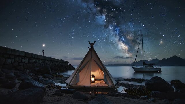 Running camera capturing teepee tent glowing at waters edge to record Milky Way, with lantern