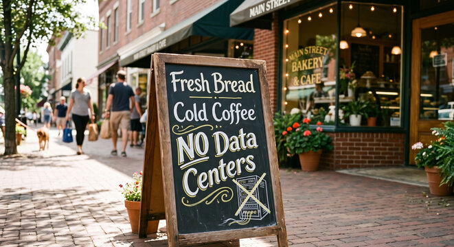 A rustic sidewalk chalkboard outside a neighborhood caf&eacute; gracefully combines a daily menu with local activism, boldly stating "Fresh Bread, Cold Coffee, NO Data Centers" in daylight.