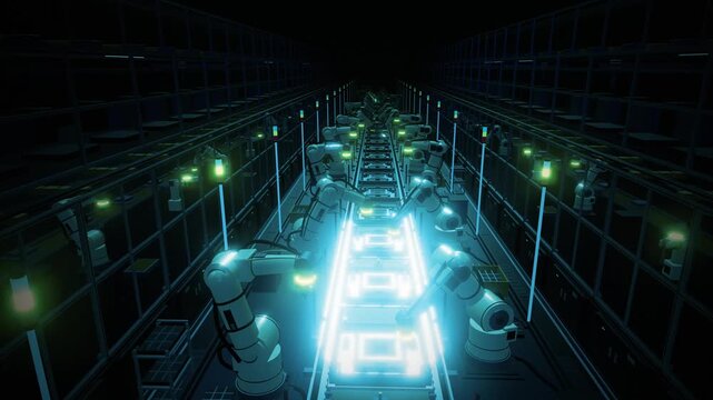 Symmetrical row of industrial robots welding hardware along a high-tech conveyor line in a dark factory 3D motion background