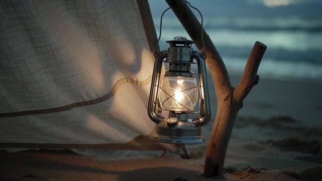Flickering metal lantern hanging from driftwood at shore, casting warm glow, sea breeze moving sail