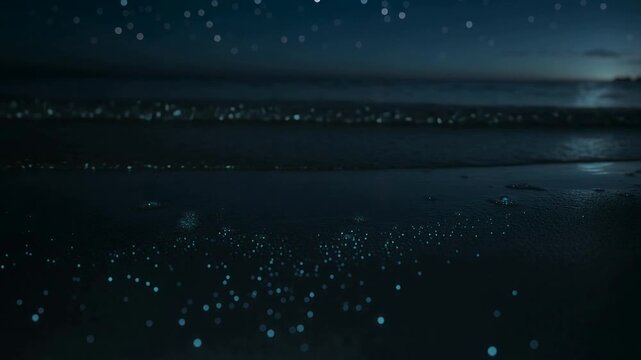 Incoming wave concentrating glowing plankton on wet sandy shoreline at night, moonlight reflecting