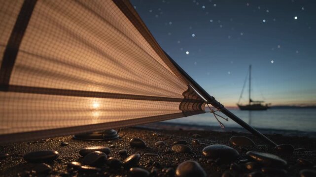 Glowing taut sail fabric revealing mesh weave and casting warm glow at shore with twilight fading