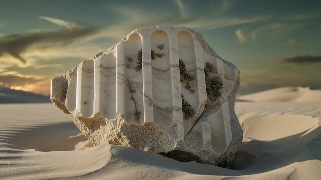 Lowering sun urging camera closer, carved stone showing arched niches with moss on rippled sand