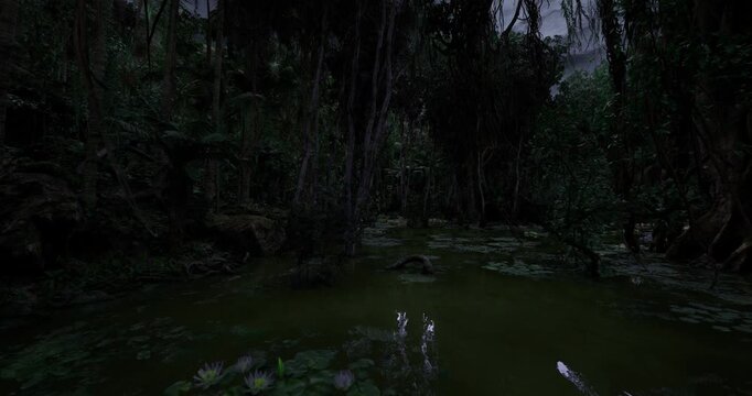 moonlit swamp under dense canopy, still water reflecting dim sky, lily pads and mossy roots, heavy humidity and quiet insect chorus, cinematic moody atmosphere