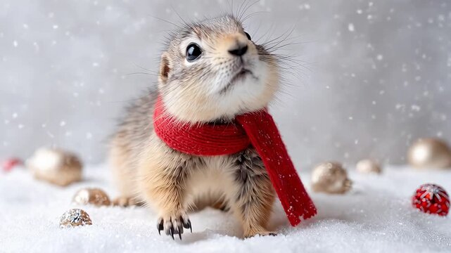 ?Cute ground squirrel wearing red scarf playfully exploring snowy winter wonderland