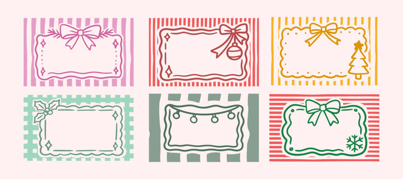 Set of festive Christmas gift tag templates with colorful striped patterns and cute hand drawn frames for holiday cards