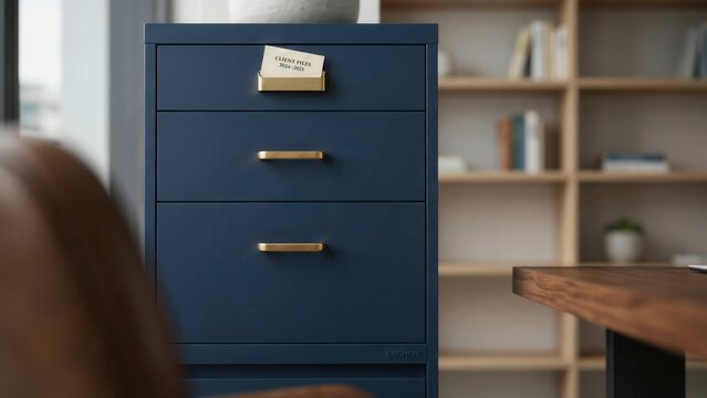 A modern navy blue filing cabinet with gold handles stands in a professional office, featuring a 'Client Files' label. This image is perfect for showcasing organization and.