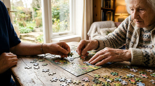 Senior Woman Doing Jigsaw Puzzle at Home