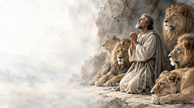 Daniel in the lions den. Biblical story conceptual theme. Artistic minimalist art with copy space.