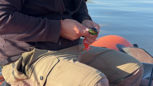 Close-up of male hands preparing a fishing lure in an inflatable boat