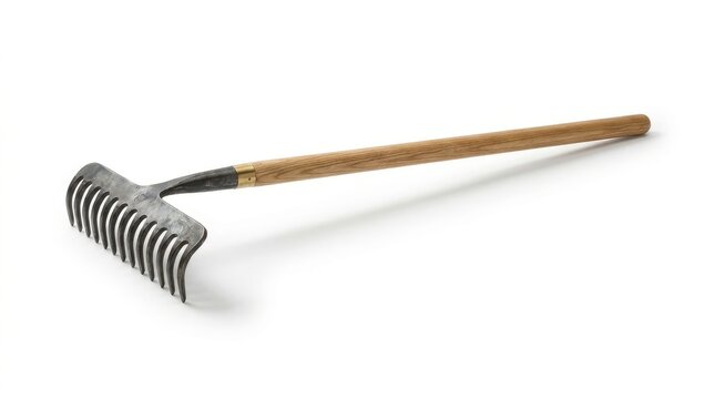 Traditional hand rake with a wooden handle and metal teeth isolated on a clean white background for gardening tasks