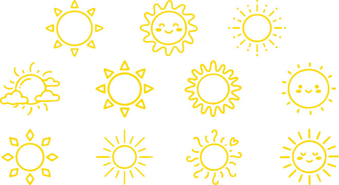  Set of cute yellow sun icons with different rays and expressions