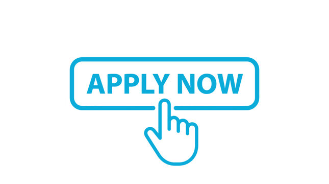 Bright blue apply now button vector with hand cursor clicking icon for digital interface design