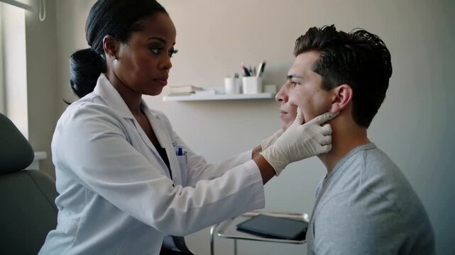 Leaning clinician palpating patient's jaw at clinic chair, in white coat and gloves, assessing pain