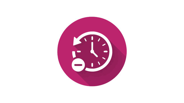 Magenta clock icon featuring reverse arrow and minus symbol for time management concepts