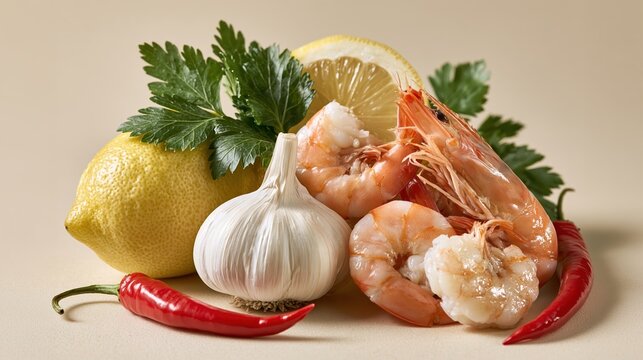 Fresh cooked shrimp with garlic, lemon, parsley, and chili peppers on a neutral background