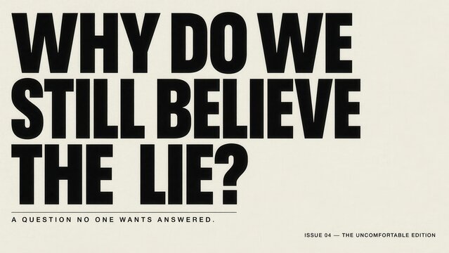 Bold text asks "WHY DO WE STILL BELIEVE THE LIE?" with a subtitle. Conceptual for media literacy, truth, and critical thinking.