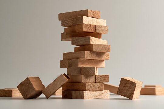 Wooden block tower with a piece removed representing business strategy and risk management