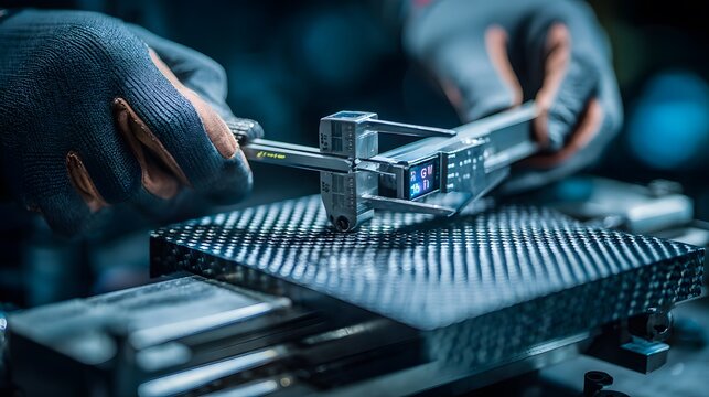 Racing mechanic using a digital caliper to measure a precise carbon fiber automotive component