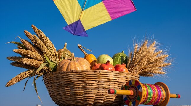 Harvest bounty basket with kite and spool against blue sky