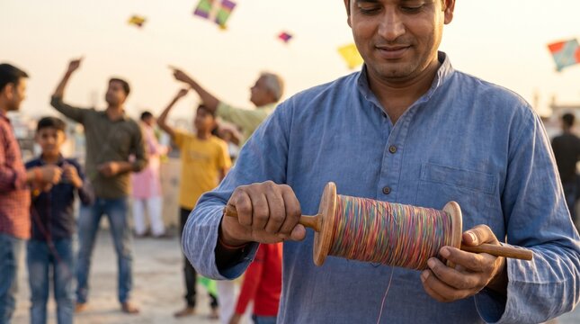 Man holding a kite string spool with kites flying in the background