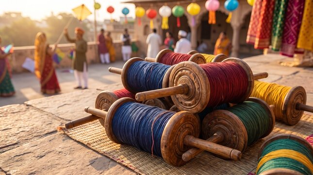 Traditional Indian kite flying supplies with colorful threads and spools