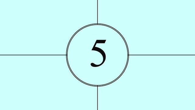 Minimalist digital film countdown animation featuring large black numbers on white and cyan background starting from zero up to ten with rotating sweeping hand motion effect.