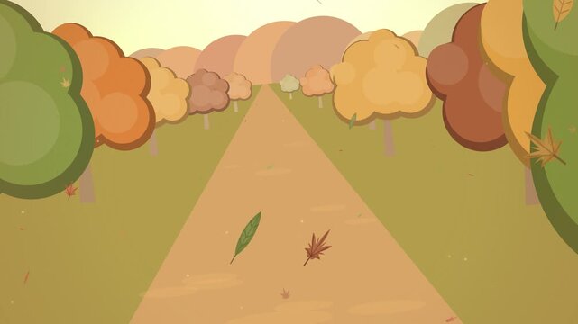 Tan path through autumn tree rows under pale sky seamless loop