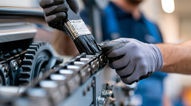Close-up of a technician's gloved hands lubricating the chain and rollers inside an open escalator truss, grease brush, mechanical gears and steel components, shallow depth of fiel