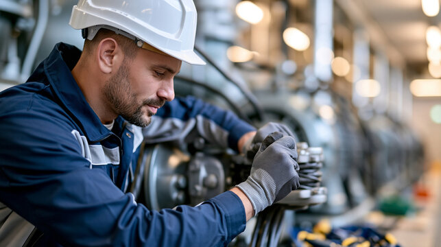 Technician in a hard hat and gloves working in an elevator machine room underground, checking the motor, cables and brake system, neatly arranged tools, warm industrial lighting, m