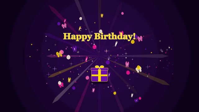 Happy Birthday greeting card illustration featuring a purple gift box surrounded by colorful butterflies and sparkling light rays