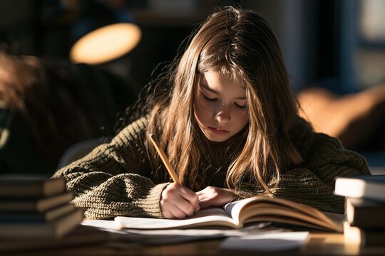 A young girl with freckles focused on writing in her notebook while studying at a wooden table