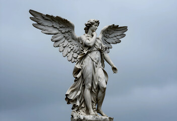 Fototapeta premium Spirituality and divine grace, marble angel statue with wings spread in a contemplative pose against a cloudy sky for religious and historical themes