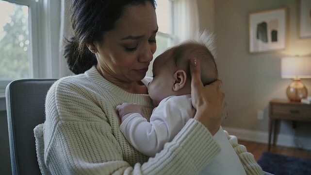 Cradling mother sensing baby fussing, adjusting grip, rocking by window in bedroom in cream sweater