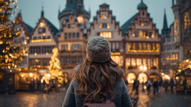 A traveler stands before a historic European town square decorated for the winter holiday season