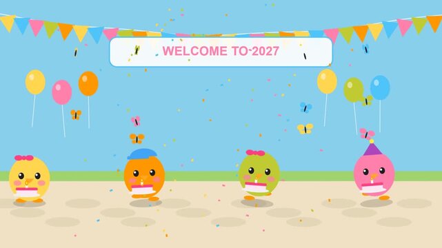 Cartoon characters celebrating new year 2027 with cake and colorful balloons and bunting