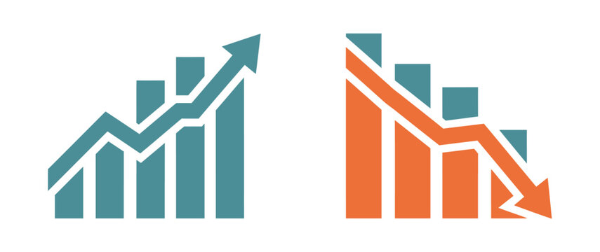 Financial Trend Graph: A split illustration showcases contrasting financial trends with bar charts and line graphs indicating upward growth and downward decline.