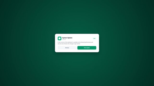 Modern System Update Notification Pop Up Card on Dark Green Background