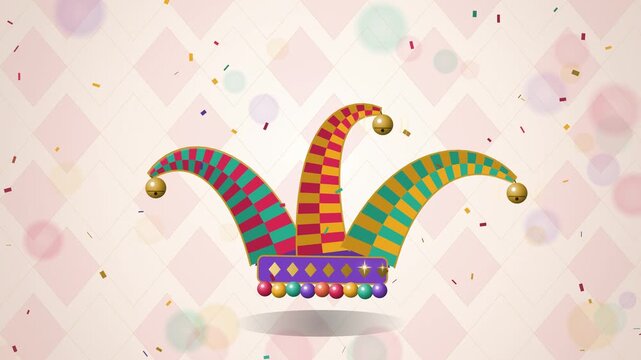 Checkered jester hat with gold bells floating over harlequin pattern